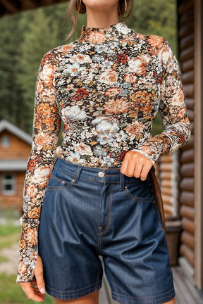 Floral mock neck long sleeve top, front view