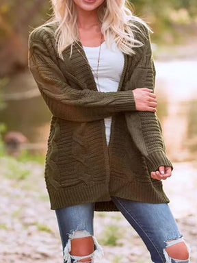 Army green cable-knit open front cardigan, long sleeves.