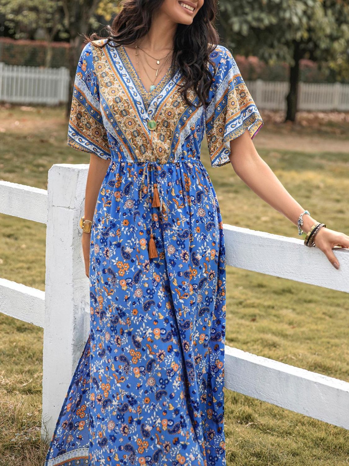 Blue slit printed V-neck half sleeve maxi dress front view