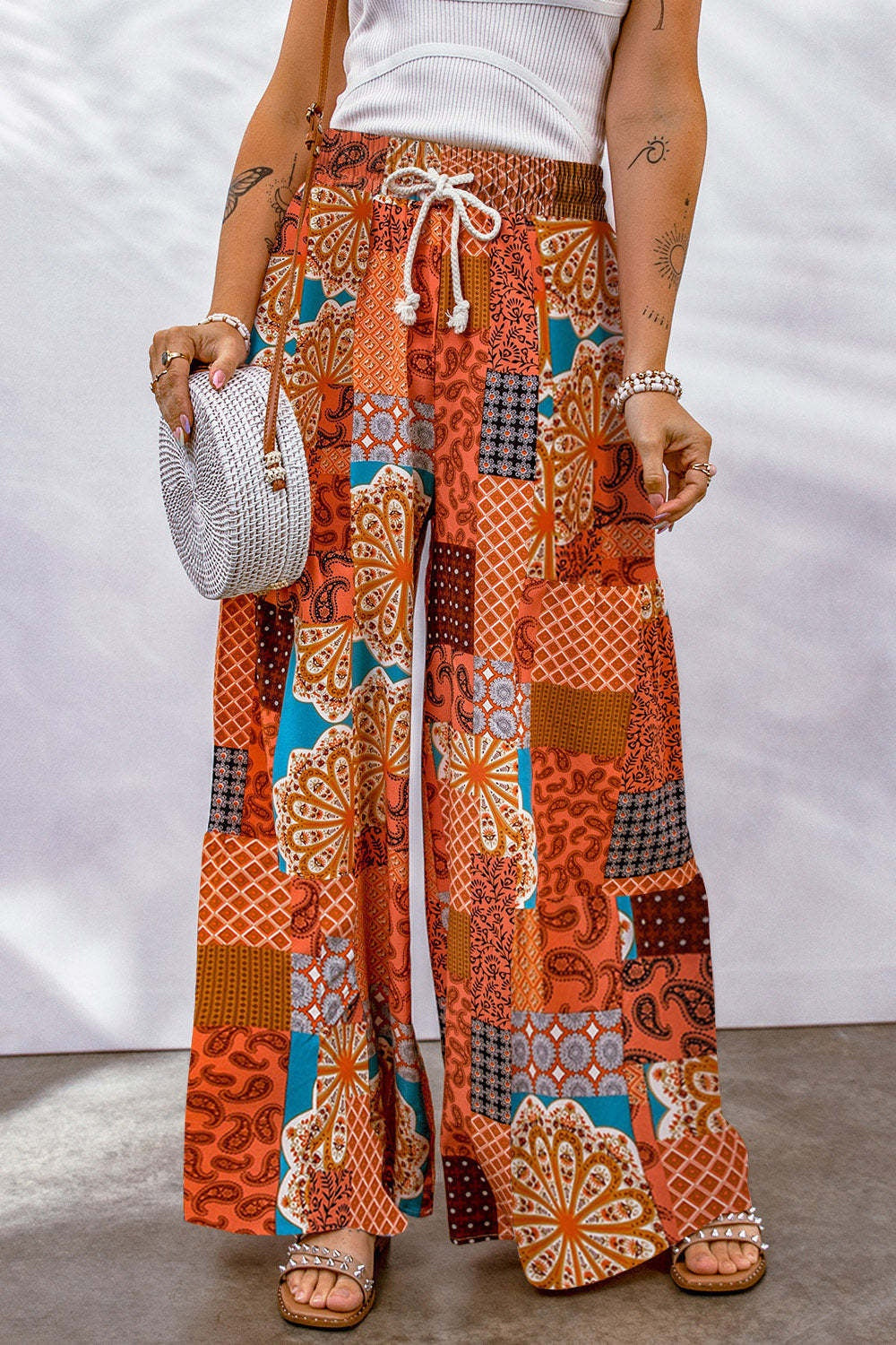 Orange and blue printed wide leg pants with drawstring