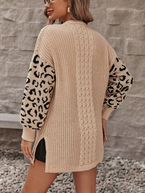 Tan leopard open front cardigan with pockets, back view