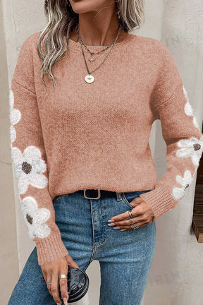 Pink flower round neck long sleeve sweater