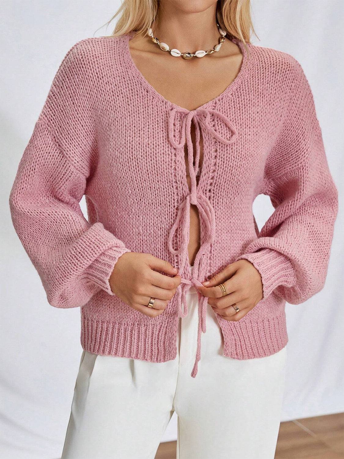 Dusty pink tied long sleeve dropped shoulder cardigan