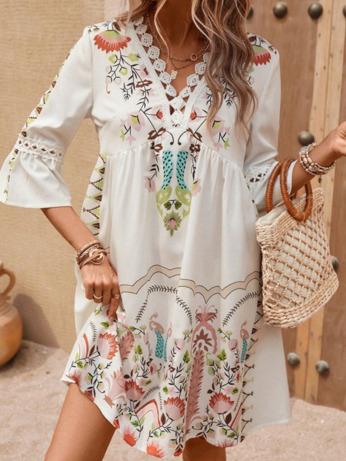 White lace detail printed dress with three-quarter sleeves