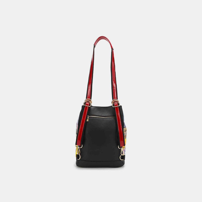 Nicole Lee USA bucket backpack with black back and red straps