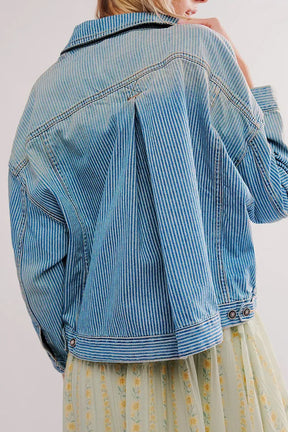 Striped button up long sleeve denim jacket, back view