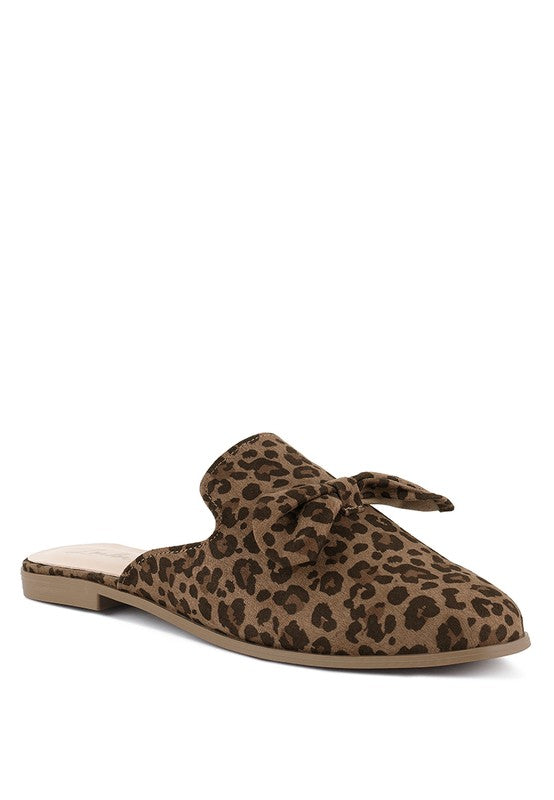 Leopard print DOBOS casual walking bow mules, flat heel.