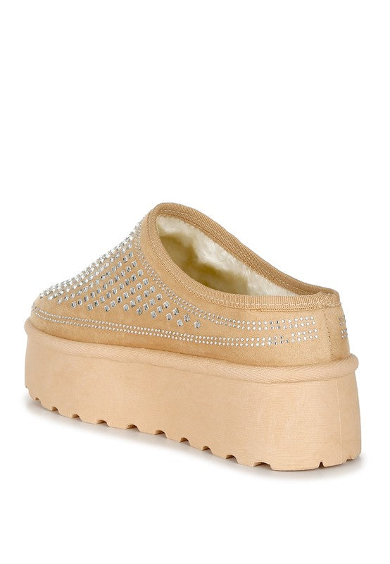 Back view of beige rhinestones platform slip-on