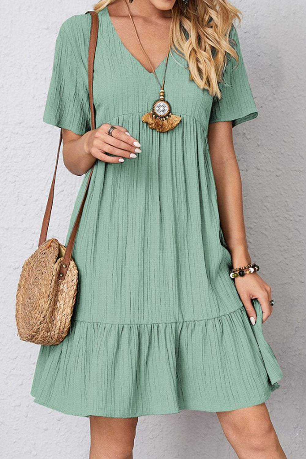 Mint green ruched V-neck short sleeve midi dress