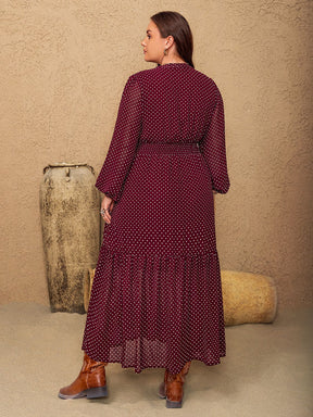 Plus size embroidered polka dot tie neck midi dress back view