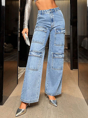 Wide leg high waist jeans with pockets, front view