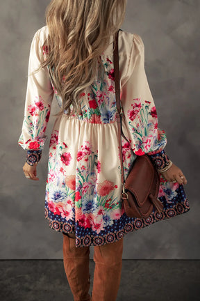 Floral button down lantern sleeve mini dress back view