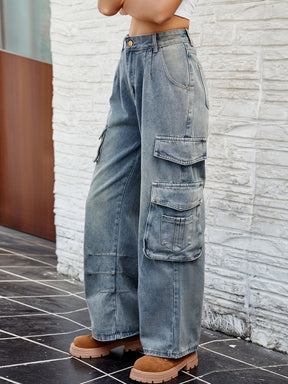 Washed cargo jeans showcasing pocket details