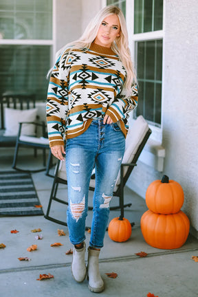 Geometric round neck long sleeve sweater, full view