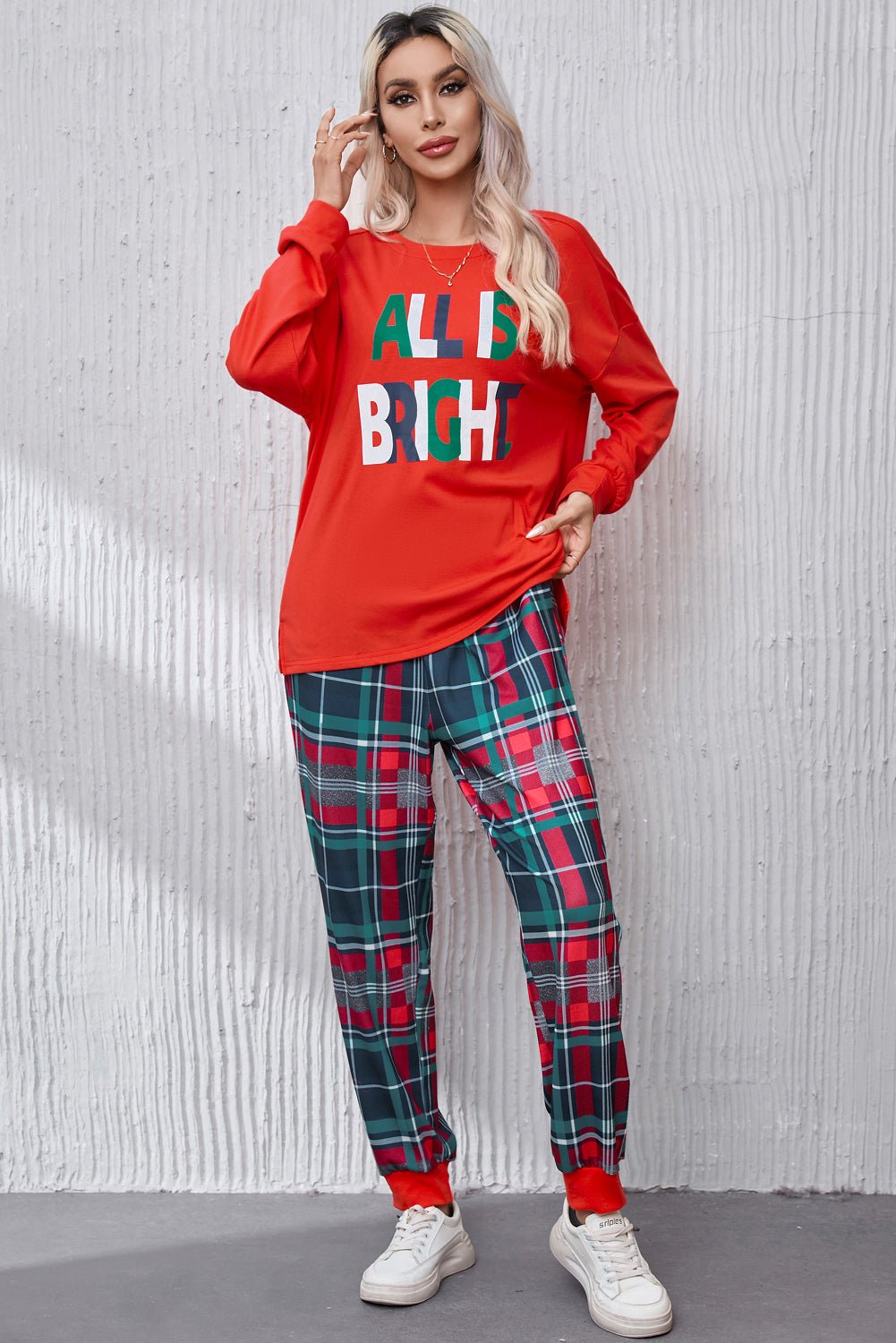 ALL IS BRIGHT red top and plaid pants lounge set front view