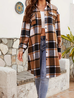 Plaid collared neck long sleeve jacket, side view