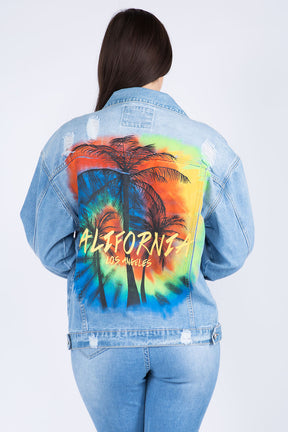 Back view of denim jacket with colorful painted California design