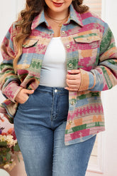 Plus size printed collared neck jacket with pockets, front view