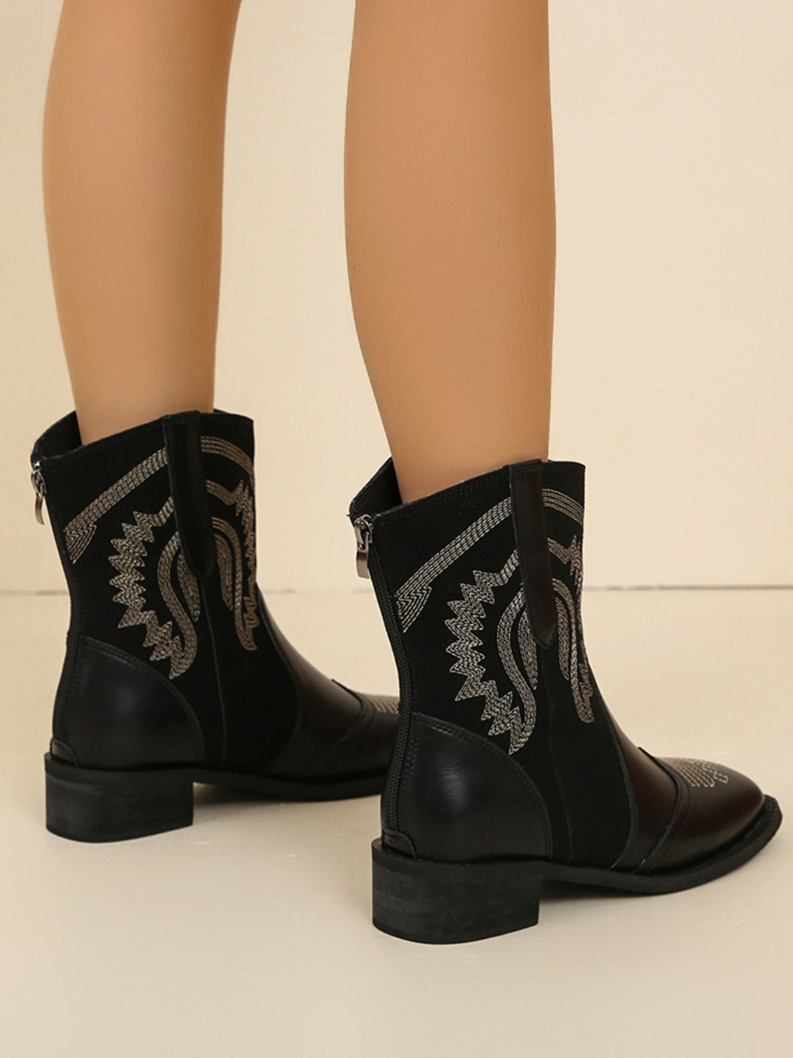 Embroidered PU leather block heel boots, back view