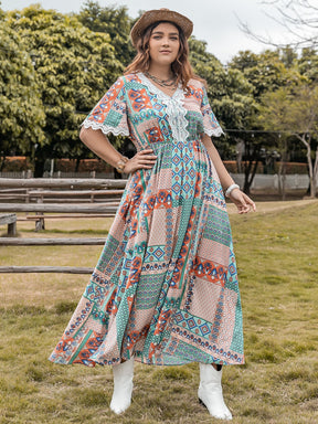 Plus size lace detail printed midi dress, front view