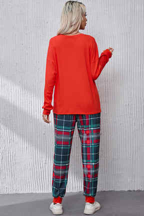 ALL IS BRIGHT red top and plaid pants lounge set back view