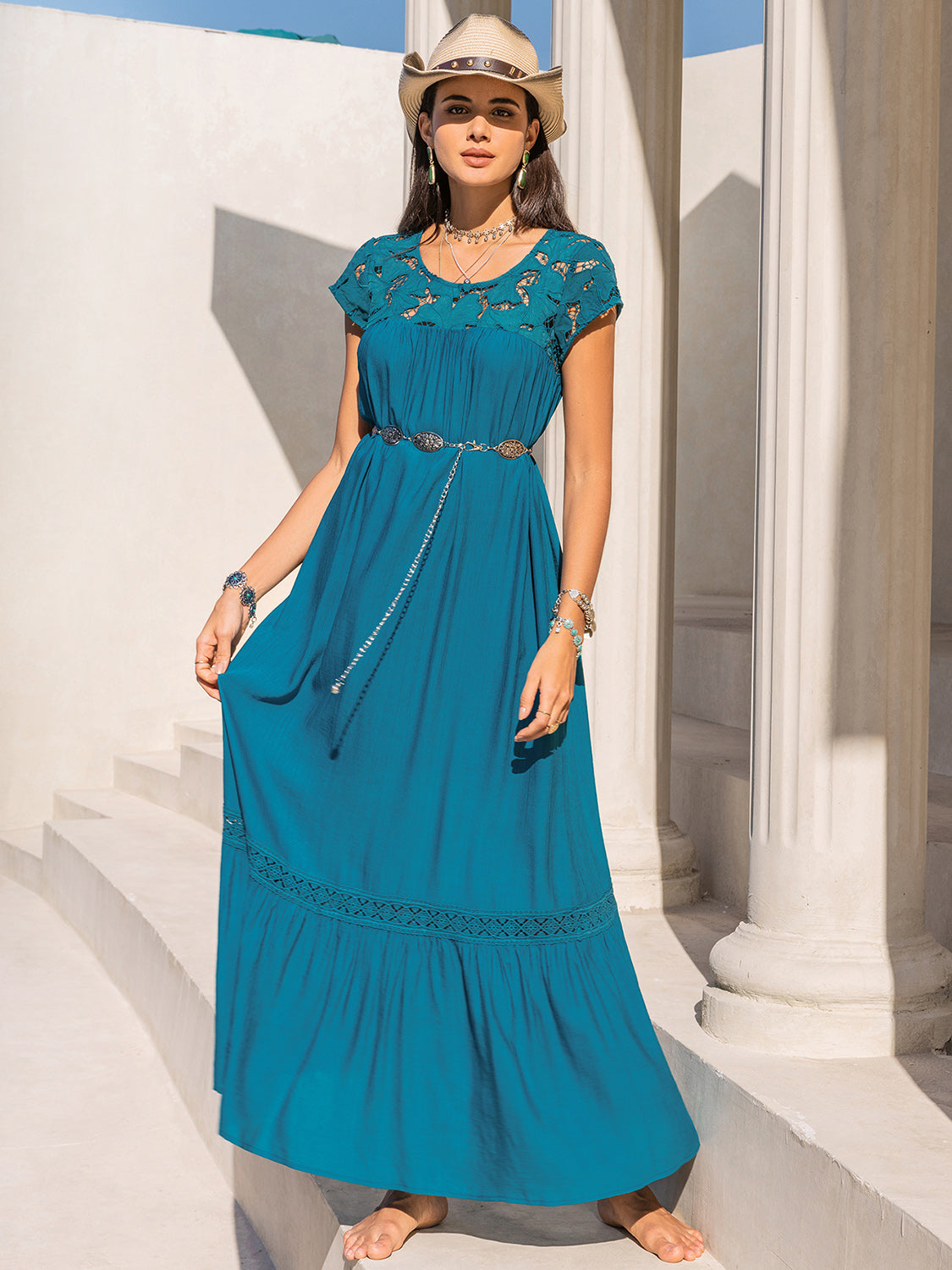 Teal round neck short sleeve maxi dress with lace detail