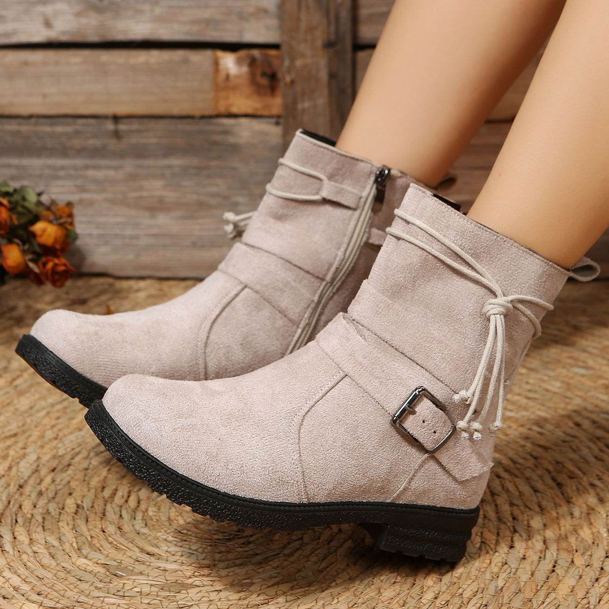 Dust storm suede side zip round toe boots with buckle detail