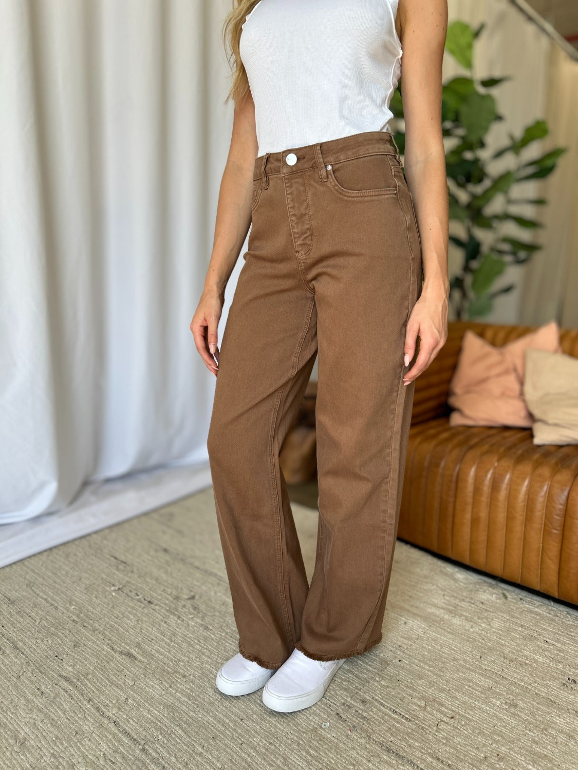 RFM high rise wide leg jeans in coffee, front view