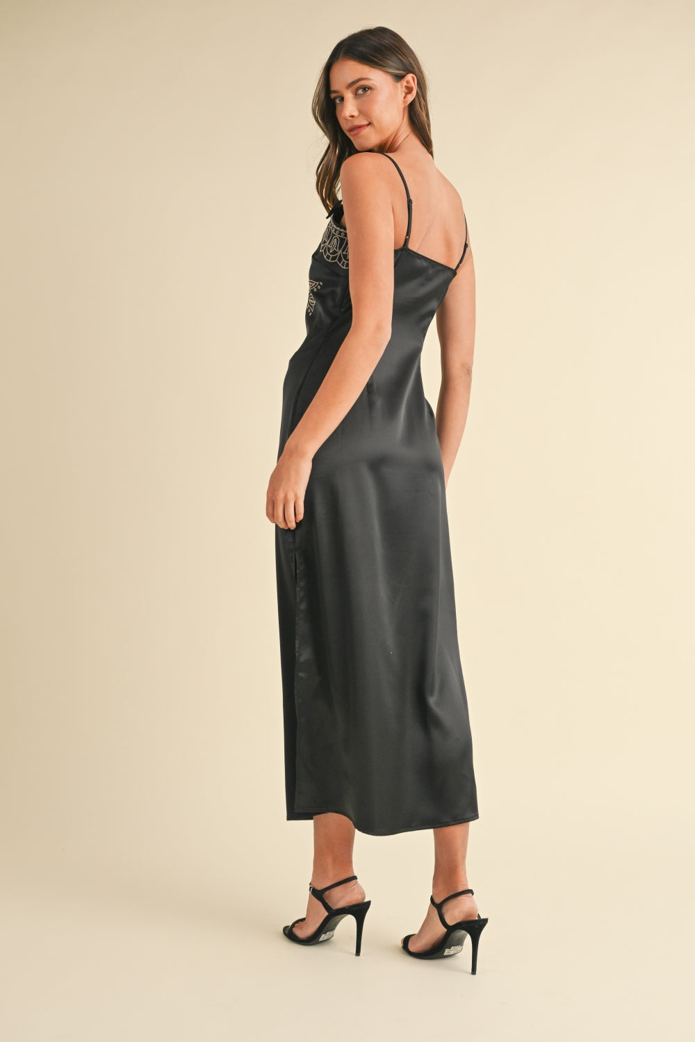 Mable embroidered cami satin midi slit dress back view