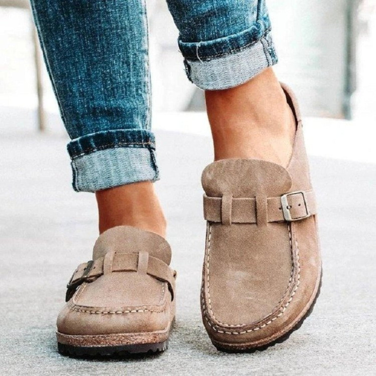 Beige round toe low heel buckle loafers