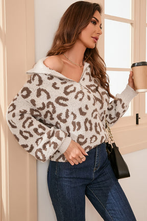 Leopard half zip long sleeve sweater side view