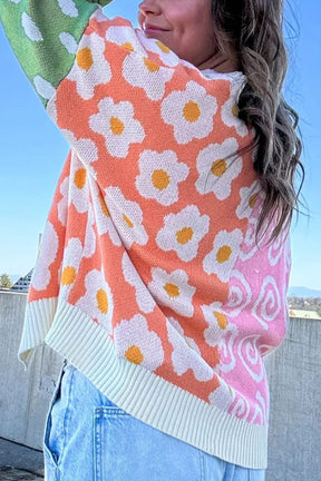 Back view of floral pattern color block cardigan