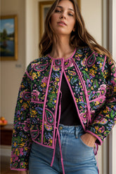 Floral long sleeve jacket with pink trim, front view