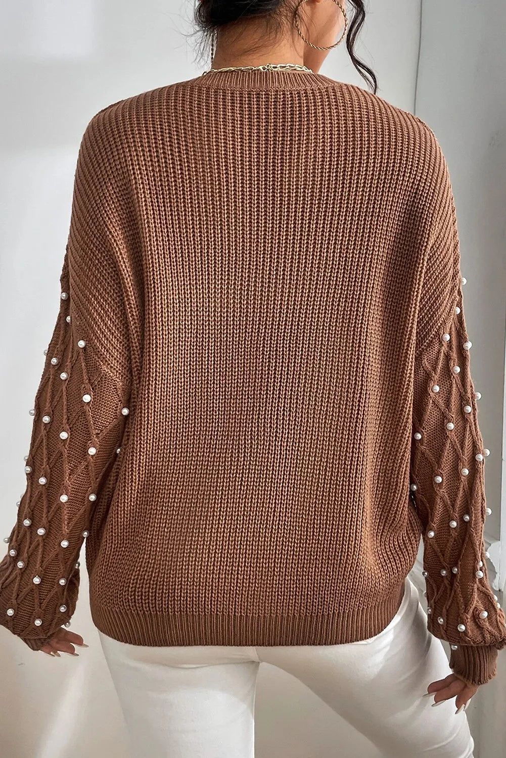 Brown pearl detail round neck sweater, back view