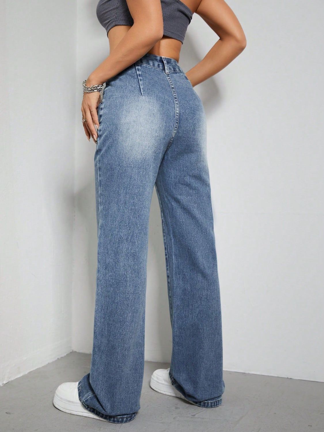 High rise wide leg jeans with pockets, back view