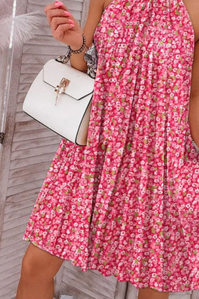 Close-up of pink floral mock neck sleeveless dress