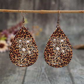 Leopard PU leather teardrop earrings with floral design