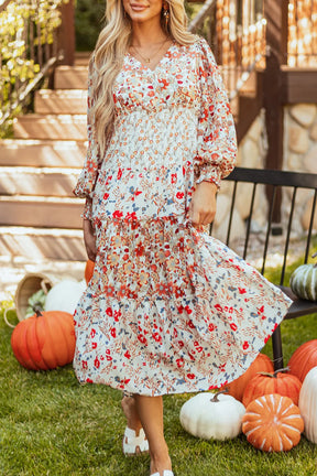 Printed V-neck midi dress with lantern sleeves, front view