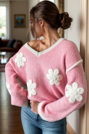 Pink flower V-neck dropped shoulder sweater