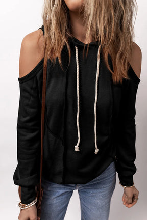 Black cold shoulder long sleeve hoodie, front view