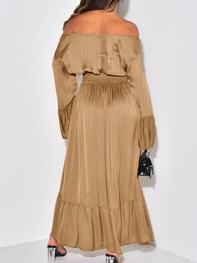 Camel smocked flounce sleeve maxi dress back view