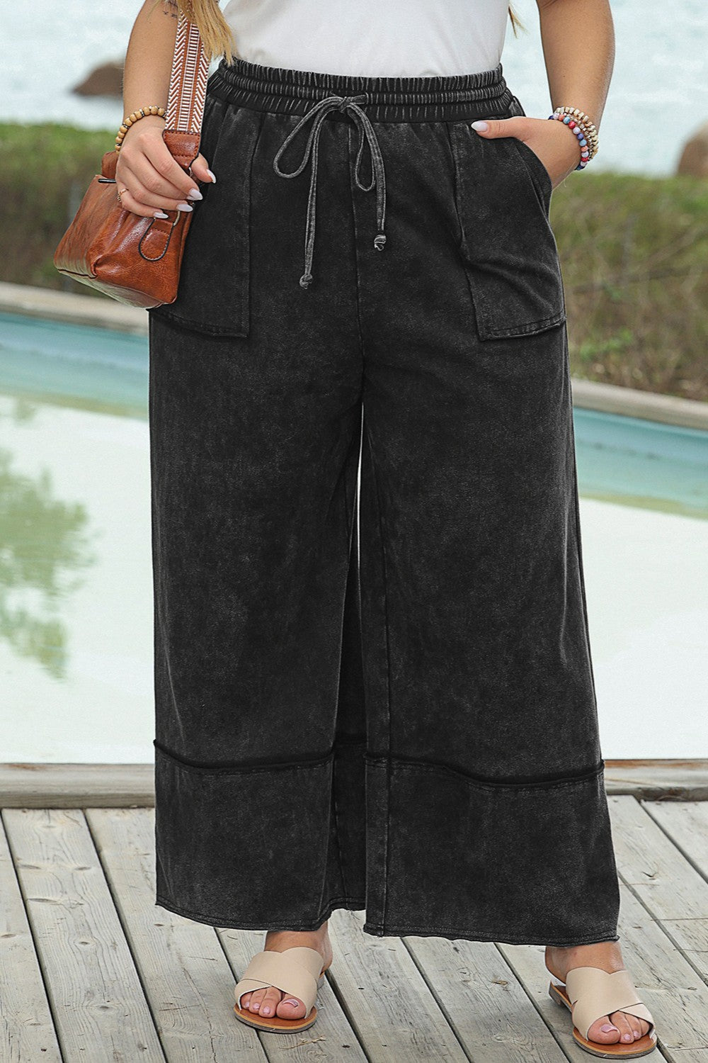 Plus size drawstring wide leg pants, front view