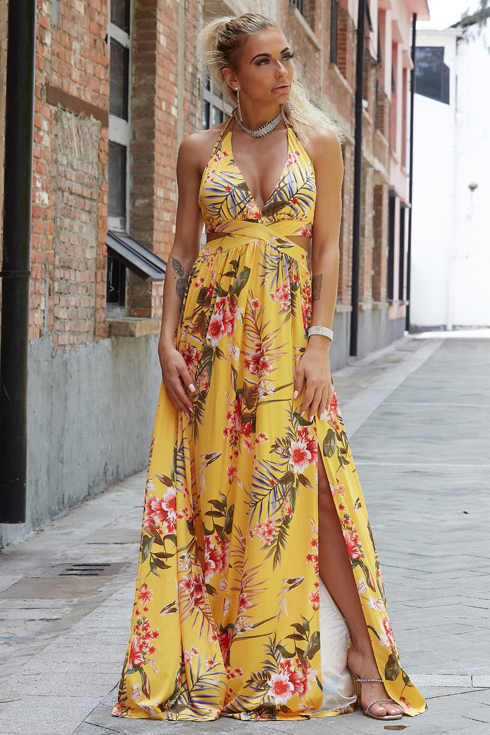 Banana yellow halter neck split maxi dress with floral print