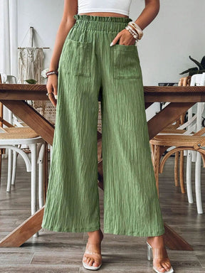 Green pocketed elastic waist wide leg pants