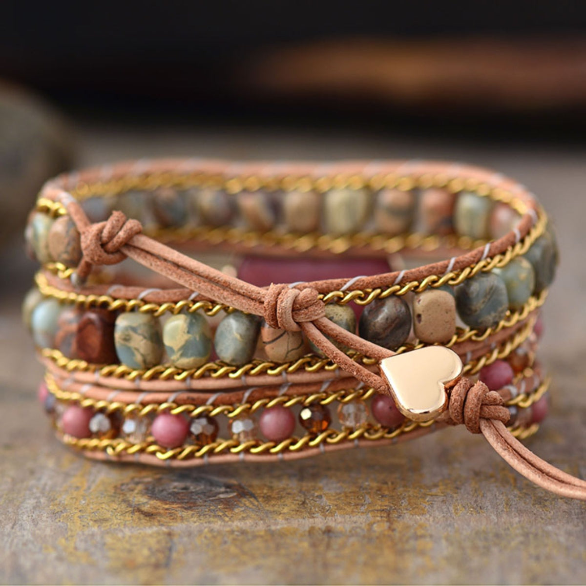 Wrap bracelet with crystal beads and heart charm