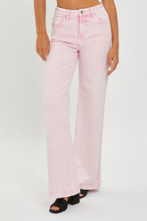 RISEN pink high rise wide leg jeans front view