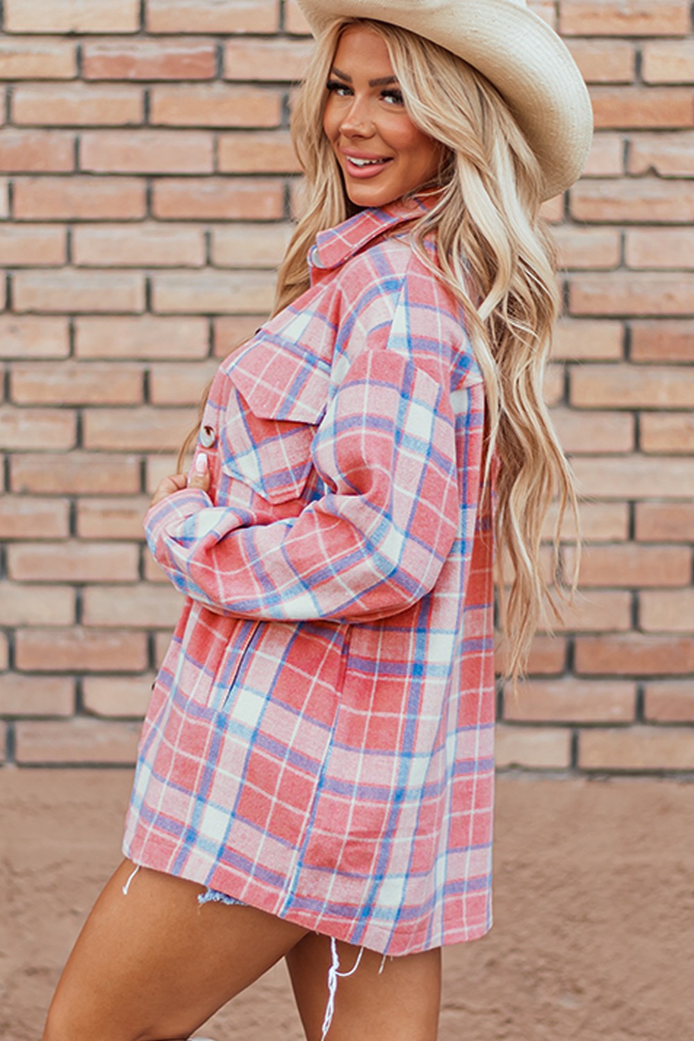 Plaid button-up long sleeve shacket side view