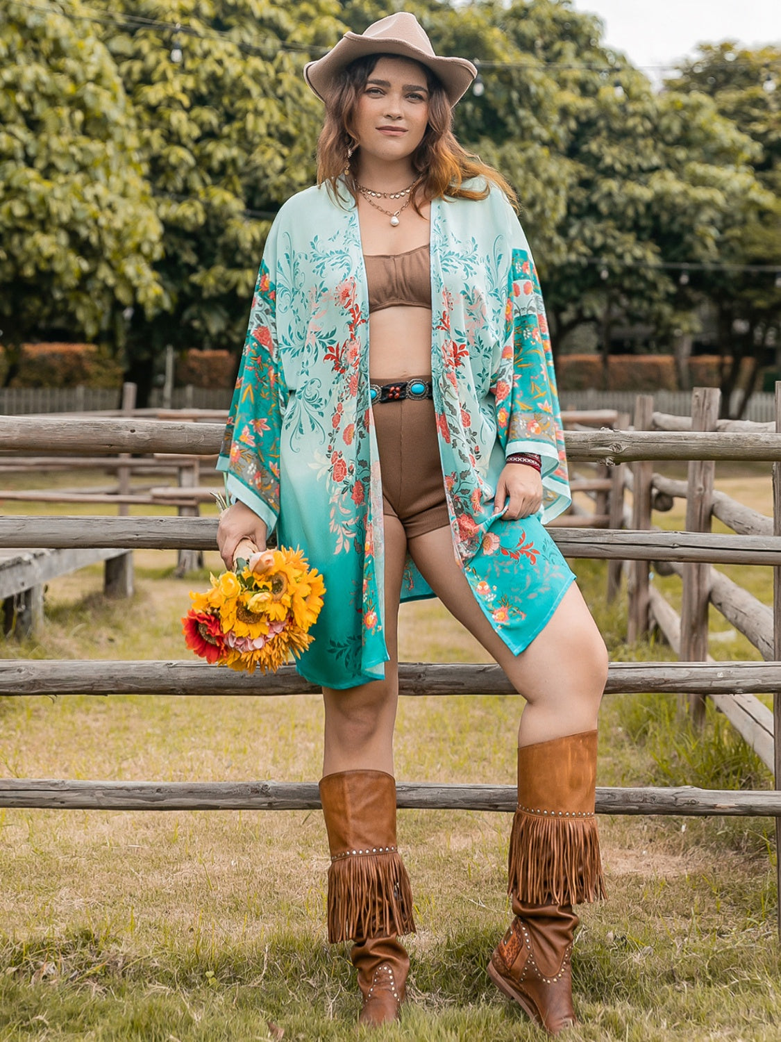 Plus size printed kimono cardigan with open front and long sleeves