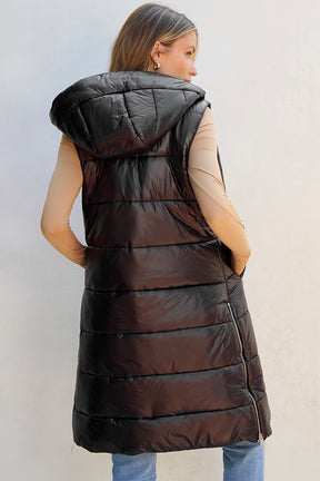 Black longline hooded sleeveless puffer vest, back view