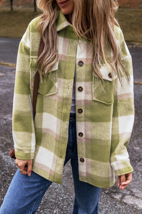 Sage plaid button-up long sleeve jacket front view